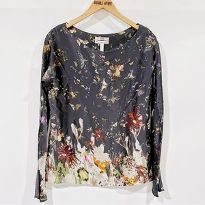 Erdem Floral Garden Long Sleeve 100% Silk Blouse Butterfly Top Navy